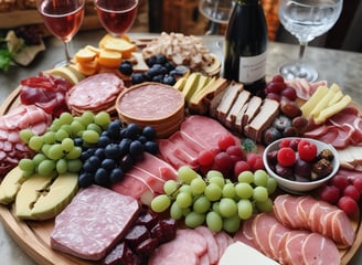A charcuterie board adorned with a variety of foods, including slices of cheese, cured meats, crackers, strawberries, blueberries, cucumber slices, nuts, a small bowl of creamy dip, and sprigs of rosemary for garnish.