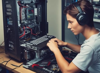 a man in headphones and headphones is working on a computer