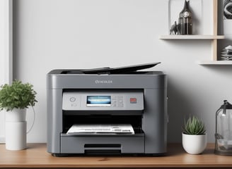 A monochrome image of a black multifunction printer with the brand name visible on the top. The printer displays a control panel and an open paper tray. It is positioned against a plain wall with a small portion of a person or object partially visible in the foreground.