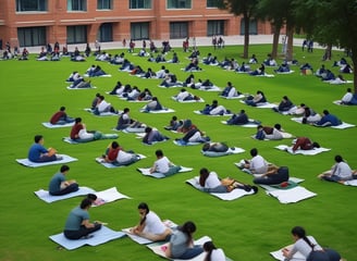 A modern university building surrounded by trees and a paved pathway. The architecture includes sleek lines with a combination of gray and white panels. Scooters are parked near the entrance, suggesting a mix of technology and transportation. The foreground features a grassy lawn with trees partially obscuring the view.