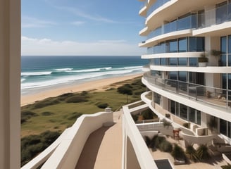 A multi-story apartment building with a distinctive red and white checkered facade. The structure is positioned on the left side of the image, leaving a large expanse of overcast sky to the right. The building features balconies, windows, and a sign indicating something is for rent or sale.