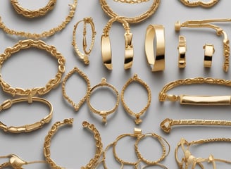 An assortment of jewelry including pearl-studded necklaces, large hoop earrings with inscriptions, gold chains, and various rings and bracelets arranged on a flat surface. Notable elements include the decorative pieces encrusted with rhinestones and intricate metalwork.
