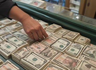 A person wearing a mask stands in front of a currency exchange board displaying various exchange rates between different currencies such as USD, EUR, JPY, and more. The board is yellow with red and black text, accompanied by several national flags. The person appears to be holding a small tray and pointing at the board, likely indicating or discussing the rates. The setting seems to be inside a financial service office, with additional informational posters in the background written in Chinese and English.