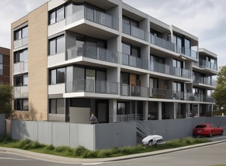 A large-scale construction project is underway, featuring a partially completed building with modern architectural elements. Tall cranes are positioned around the site, and scaffolding is visible on an unfinished structure. The foreground shows a crane vehicle, and the surrounding area is filled with metal beams and construction materials. Leafless trees frame the upper part of the image.