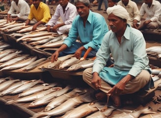 A bustling fish market with numerous stalls displaying a variety of fresh seafood on ice, including fish, shrimp, and other marine products. Each stall is equipped with bright signs indicating prices. Several vendors, wearing aprons and masks, are actively engaging with the produce and customers in a well-lit, busy environment.