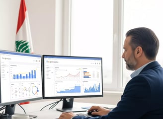 Professional business person in modern office analyzing SEO data on multiple computer screens