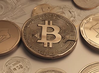 A laptop on a table displaying a cryptocurrency trading platform. The screen lists various cryptocurrencies along with their buy and sell values, spread percentages, and 24-hour change percentages. The keyboard and touchpad of the laptop are visible, set against a neutral background with a sofa in the back.