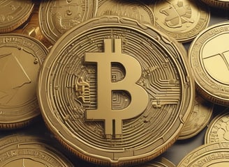 A collection of four coin-like representations of cryptocurrencies including Ethereum, Bitcoin, and Dogecoin. Each coin displays symbols or text related to its respective cryptocurrency. The background features a financial chart with candlestick patterns, suggesting a trading or investment context.