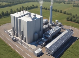A landscape featuring a large solar panel array in the foreground, with a modern wind turbine to the left. Behind the renewable energy installations, an industrial facility with multiple chimneys and storage tanks is visible under a clear blue sky.