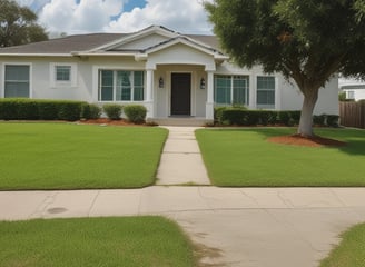 A mobile home with light-colored siding and dark window shutters sits surrounded by tall grass. A fence and some outdoor equipment are visible in front of the home, and there are tall evergreen trees in the background.