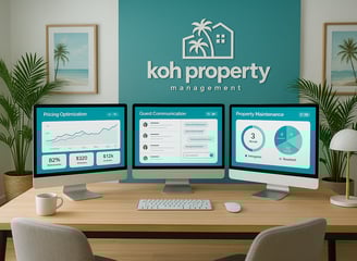 a desk with three monitors and a monitor screen