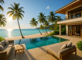 a large pool with lounge chairs and a lounge chair