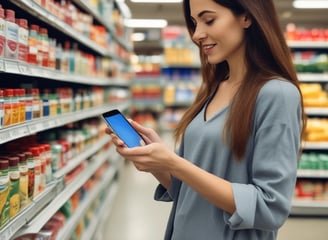A modern retail checkout setup featuring a digital tablet on a stand displaying information, alongside a card payment terminal and a receipt printer. In the background, several people interact in a busy store environment, with some blurred movement suggesting activity.