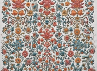Intricate white embroidery featuring floral and swirl patterns on a slightly translucent fabric. The embroidery is detailed and delicate, creating a sophisticated and elegant texture.