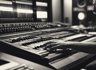 A laptop with the logo 'Soundtrax Stock Music Library' next to a music mixing console and a synthesizer placed on a light-colored surface. The synthesizer has colorful knobs and a small display screen.