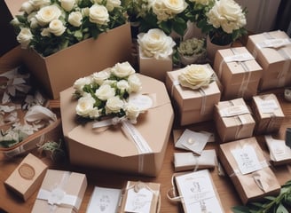 A box containing elegantly decorated desserts, including cake popsicles coated in white chocolate with pink drizzle and colorful sprinkles, alongside a frosted cupcake adorned with similar sprinkles. The treats are nestled in pink shredded paper, creating a festive and inviting presentation.