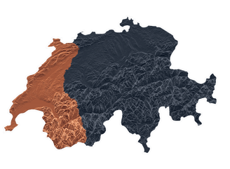 Carte stylisée de la Suisse avec la Suisse romande mise en évidence en orange sur fond bleu foncé.