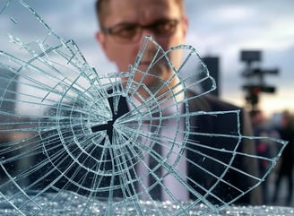A man looking at broken glass.