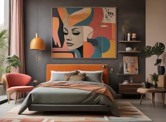 Quarto de casal, com decoração moderna.