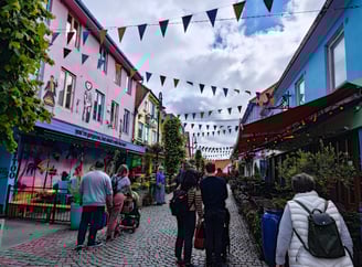 Colourful houses and cobbled street in Stavanger Norway