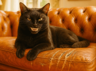 Un chat noir sur un canapé en cuir avec un sourire maléfique pour la journée du chat noir.
