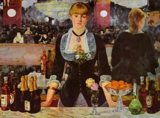 a painting of a bar counter with a woman in a bar