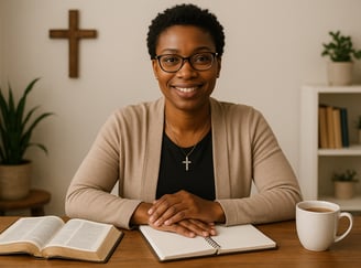 Christian therapist journaling with an open Bible and tea on a desk.