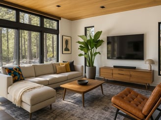 Bright Mid-Century living space with sectional, large windows, and warm wood ceiling