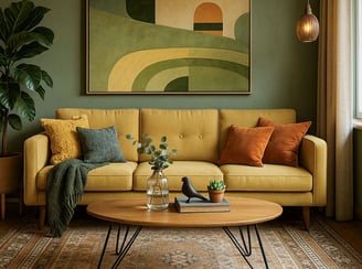 Mid-Century Modern living room with curved olive sofa, abstract wall art, and wood coffee table