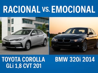Comparativo entre Toyota Corolla GLi 1.8 CVT 2019 e BMW 320i 2014, representando uma escolha raciona