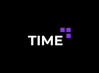 TIME logo with bold white uppercase letters on a black background, featuring small purple squares.