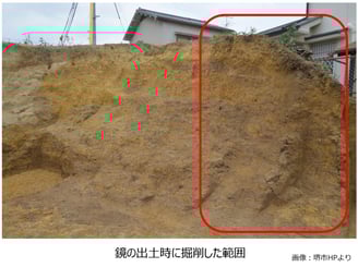 堺市の住宅地で行われた無名塚17号墳の発掘現場。鏡が見つかった場所の地層と掘削範囲を示した写真。
