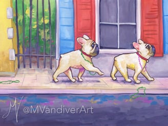 Illustrations from Bruno & Frida Go To Mardi Gras by New Orleans artist Melissa Vandiver.