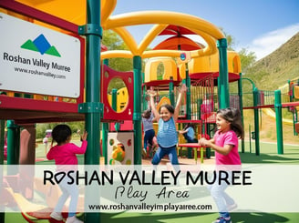 a group of children playing in a play area with a sign that says rosh