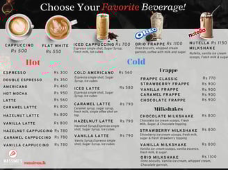 Ragama coffee, cappuccino and beverage menu and price list
