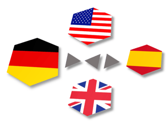 Germany, USA, UK and Spain flags in hexagonal shape that represent translation services