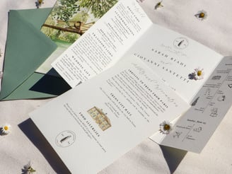 open wedding invitation with additional details card laid on top, closed invitation and envelope