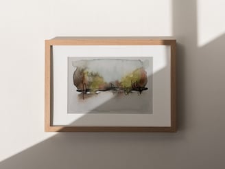 framed abstract landscape watercolor painting by Sweet Ruby Moon in warm natural light and wood frame