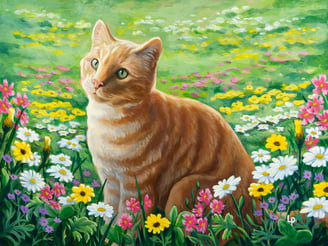 An orange tabby cat sits in a meadow of wildflowers with a beatific expression.