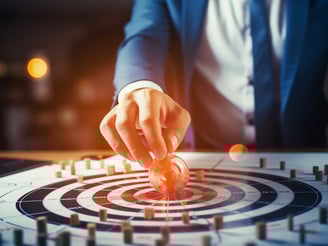 a person in a suit and tie is touching a button on a computer screen