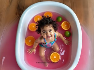 a baby in a tubtub with oranges and limes