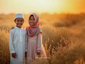 two children standing in a field with tall grass