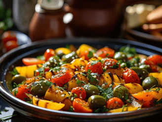 a plate of vegetables and herbs on a table
