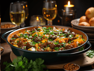 a table with a bowl of food and a glass of wine