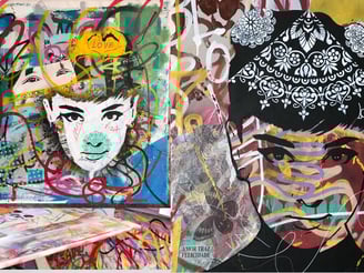A humorous portrait of a famous singer, featuring exaggerated facial features, bright color blocks,