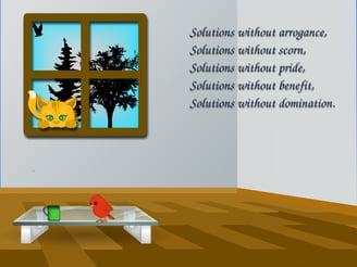 a cat looking through a window at a table with a bird on it with a saying.