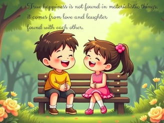 a couple of children sitting on a bench in a forest with a quote about love