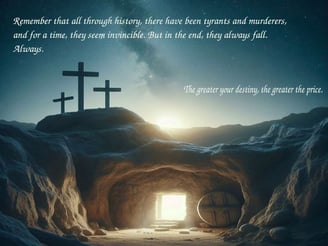 Three crosses on top of a hill on top of an empty tomb