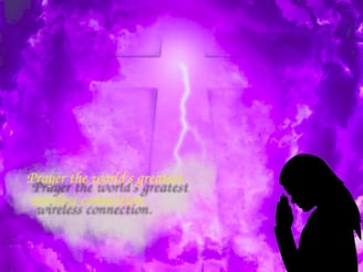 a person praying in front of a cross with the words Prayer the worlds greatest wireless conection