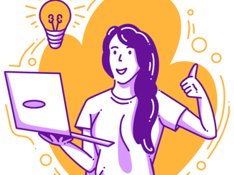 Grafik av glad kvinna med långt svart hår som håller en laptop och gör tummen upp.